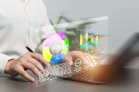 A woman analyzes charts and graphs in strategic business and finance investments, predicts market fluctuations using artificial intelligence technology coupled with processing to help summarize data.