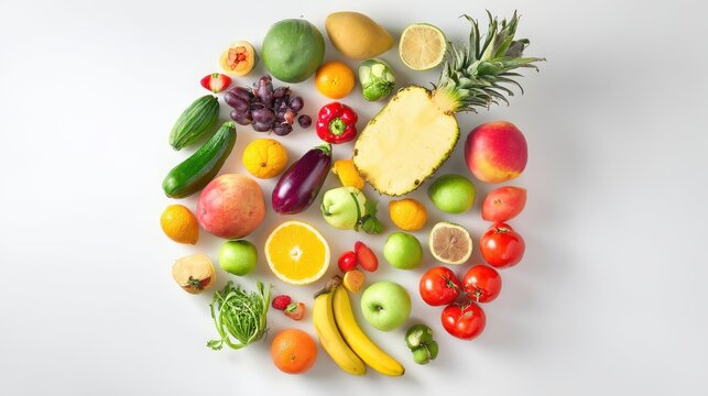 selection. Circular arrangement of fresh fruits and vegetables on a clean white background with soft shadows. menu design.