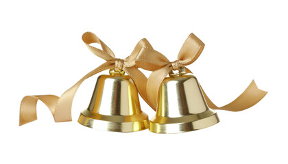 A golden Christmas bell with a red ribbon and bow is a shiny holiday decoration perfect for the winter season