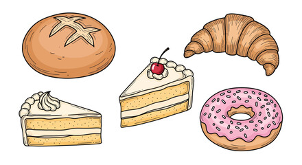 An inviting array of diverse baked goods, featuring artisanal bread, flaky croissants, sweet donuts, and rich cake slices, celebrating the delicious craft of careful culinary preparation