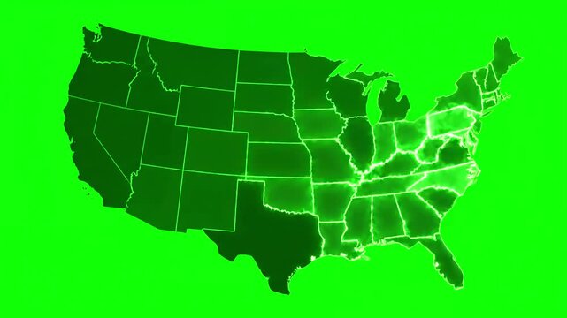 Green Screen map of united states america showing different animated usa contiguous lower 48 u s state on an isolated chroma key background scene 1 with distortion, overlay, glitch, static noise, scan