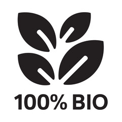 Black and white icon representing 100 percent organic with leaves and text