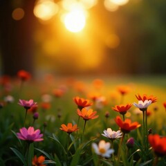 Obraz premium Golden hour sun illuminates vibrant autumn wildflowers , morning, scenery