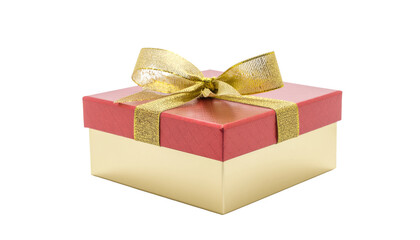 A red gift box with a gold ribbon and bow, perfect for a Christmas or birthday present, isolated on a white background