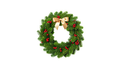 A Christmas wreath decoration with holly, pine, and a red ribbon bow isolated on white for your holiday celebration