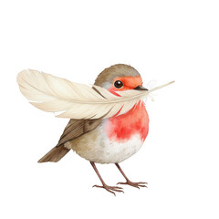 Charming Robin Bird With Delicate Feather In Its Beak Against The Transparent Background