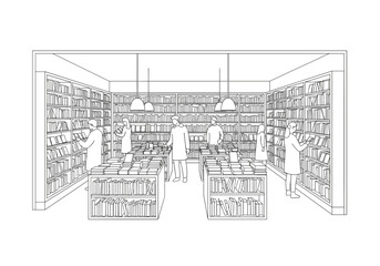 Line art of people browsing books in a cozy bookstore interior  