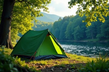 Green canvas tent pitched near river, forest backdrop, shadow, shelter, foliage