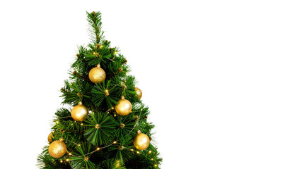 An isolated Christmas tree with traditional gold and red ball ornament decorations on a transparent background