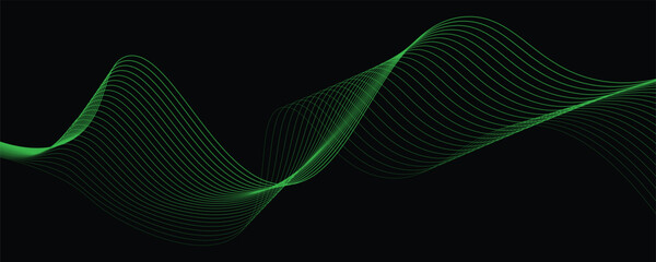 Long exposure photograph of neon green colour in an abstract swirl, parallel lines pattern against a black background. Light painting photography.