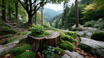 Close Up Of A Moss Covered Tree Stump In A Lush Green Forest With Distant Mountains And Sunlight Filtering Through The Trees