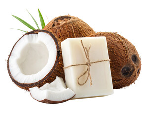 Coconut Scented Soap Bar Isolated on White with Coconut Kernel