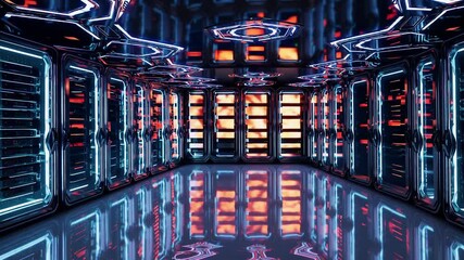 Futuristic server room with glowing neon lights, advanced technology, digital data center, modern interior, vibrant orange blue illumination - Powered by Adobe
