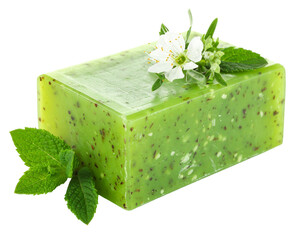 Natural Herbal Green Soap Bar Isolated on White Background