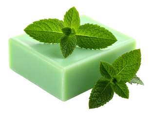 Mint Soap Bar Isolated on White with Fresh Mint Leaves