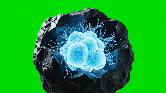 Black meteorite opens revealing blue alien microbe on green screen