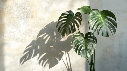 The shadow of a complex houseplant, like a Monstera Deliciosa, cast onto a plain, textured wall by the late afternoon sun, minimalist and artistic, high contrast. 