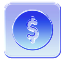 Vibrant 3D Dollar Sign icon with glossy glassmorphism effect - Translucent blue square finance button for web or app UI