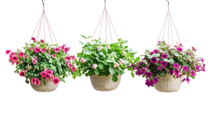 Sets of calibrachoa hanging plants bacopa hanging plants and lobelia hanging plants side by side on transparent background