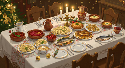 Traditional Christmas Eve Dinner Table with Abundant Dishes and Festive Setting.