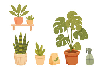 Fototapeta premium Home plant set with monstera, succulents, sansevieria and gardening tools in flat vector style