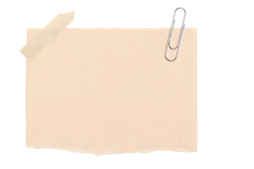Blank kraft sheet with ripped edge, masking tape, and paperclip  isolated on transparency background. Yellow ripped paper torn edges strips isolated