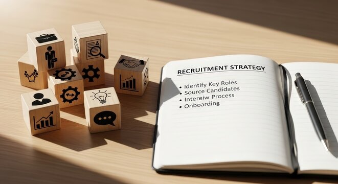 Recruitment Strategy and Planning with Wooden Blocks on Table Next to Notebook and Pen