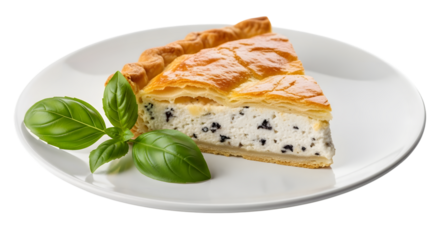 A delicious slice of savory ricotta pie with fresh basil leaves on a white plate isolated on transparent background