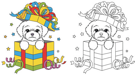Adorable White Puppy in Gift Box, Cartoon Vector Illustration for Coloring Book Page, Cute Dog Pet Animal Present, Celebration and Birthday Design.