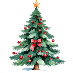 Fototapeta premium Watercolor Christmas Tree with Snow, Red Berries and Bow Illustration