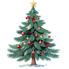 Watercolor Christmas Tree with Snow, Red Berries and Bow Illustration