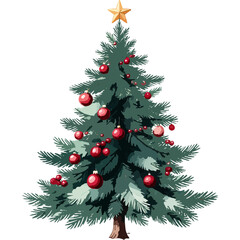 Watercolor Christmas Tree with Snow, Red Berries and Bow Illustration