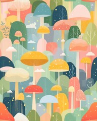 pastel mushroom house wallpaper Colorful Illustrative Forest of Mushrooms with Vibrant Fantasy Trees in a Whimsical Nature Scene a vintage storybook mushroom wallpaper