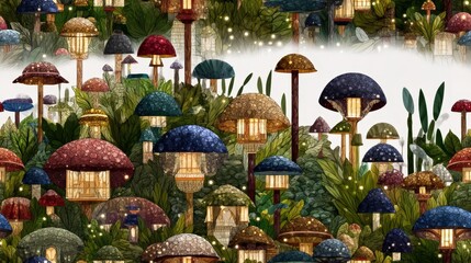 pastel mushroom house wallpaper Whimsical Forest of Mushrooms with Lanterns and Glowing Fairylights in a Fantasy Garden Scene a vintage storybook mushroom wallpaper