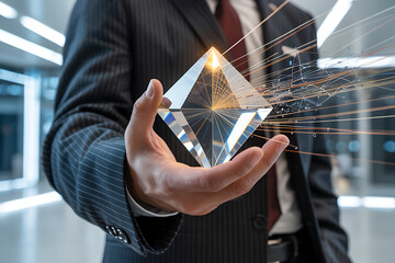 Businessman holding a crystal pyramid with light streaks