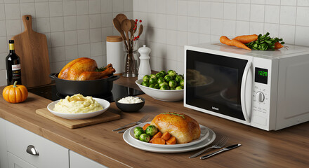 Thanksgiving Feast on Kitchen Counter with Microwave.
