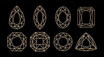 Fototapeta premium Gemstone cut icons in minimal gold line art style on black, pear, oval, emerald, cushion, marquise, round, and triangle shapes, for jewelry design, logo, branding, packaging, luxury graphics.Vector