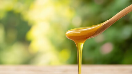 apiary. Golden honey dripping from wooden spoon, blurred natural background. menu design, packaging mockups, designed for food delivery and cloud-kitchen brand materials, used by photographers.