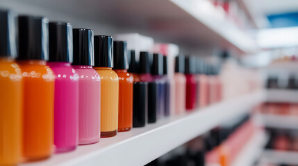 A shelf filled with vibrant nail polish bottles lined up in a store, showcasing a spectrum of colors. The sleek black caps contrast beautifully with the colorful polish shades.