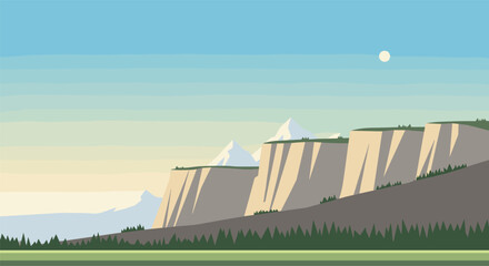 Fototapeta premium Scenic landscape with cliffs and snowy mountains at dawn