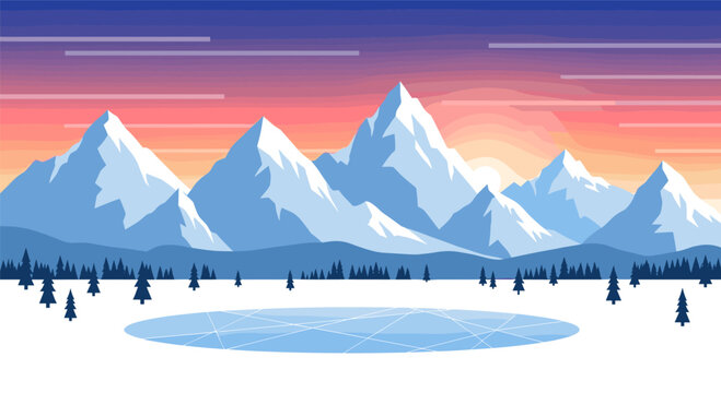 Serene winter landscape with snowy mountains at sunset