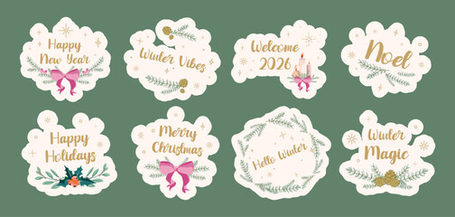 Christmas and New Year Sticker Labels set with Winter Floral Decor. Winter Sticker Set with Greetings and Seasonal Greenery for Christmas cards, New Year greetings, gift tags, packaging, print. Vector