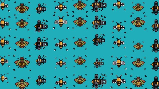 Futuristic seamless pattern of flying robotic bees with propellers and sensors on blue background. Ideal for tech and AI design themes.