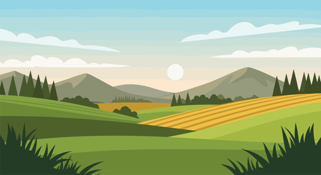 Scenic landscape with rolling hills and pine trees at sunrise