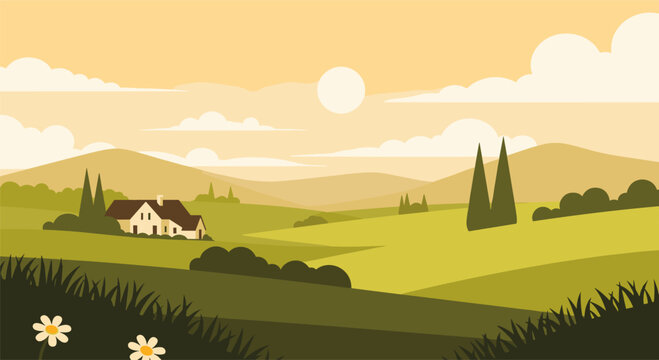 Idyllic countryside landscape with rolling hills and charming cottage