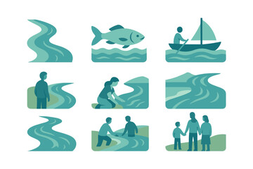 Obraz premium Flat design river scenes with people and nature elements in teal tones