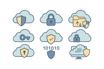 Obraz premium Cloud security icons set: lock, shield, key, folder with flat design