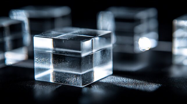 Close-up of multiple translucent cubes on a dark surface