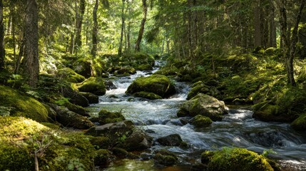 Obraz premium confluence. Two forest streams merging into a single river, blending water currents, mossy rocks, dappled sunlight through trees. ESG reports.