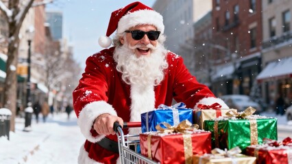 Santa Claus with sunglasses pushing shopping cart full of gifts in snow  